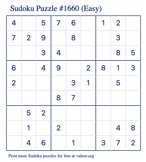 Free Printable Easy Sudoku Puzzle number 1660