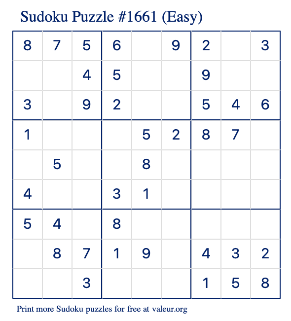Free Printable Easy Sudoku Puzzle number 1661