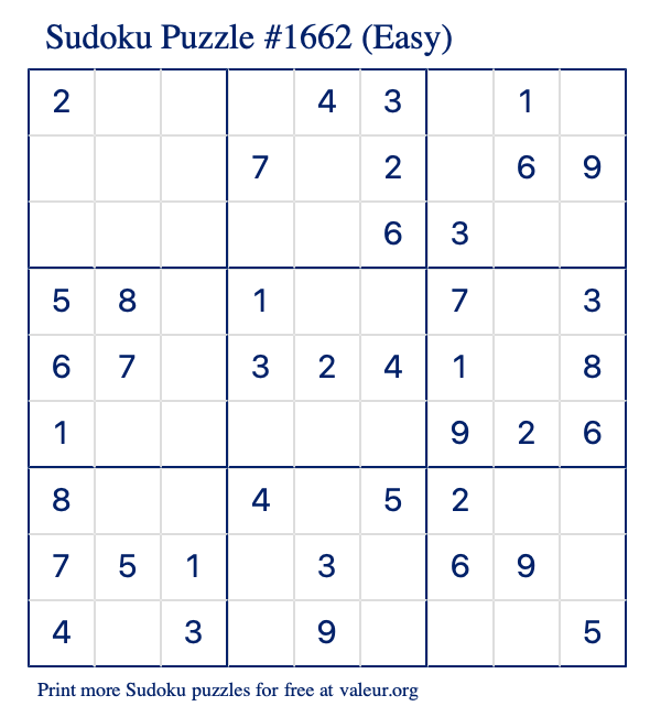 Free Printable Easy Sudoku Puzzle number 1662