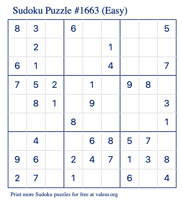 Free Printable Easy Sudoku Puzzle number 1663