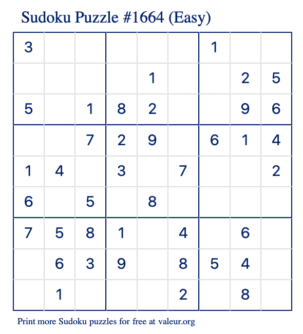 Free Printable Easy Sudoku Puzzle number 1664