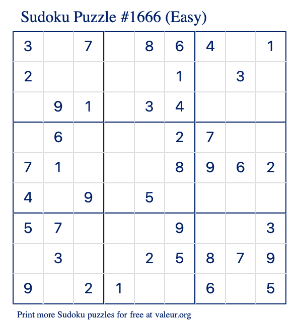 Free Printable Easy Sudoku Puzzle number 1666