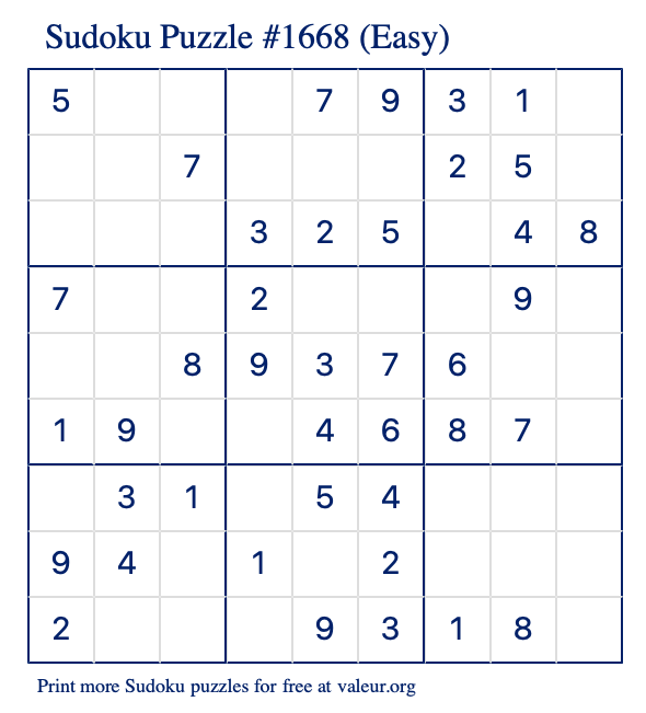 Free Printable Easy Sudoku Puzzle number 1668