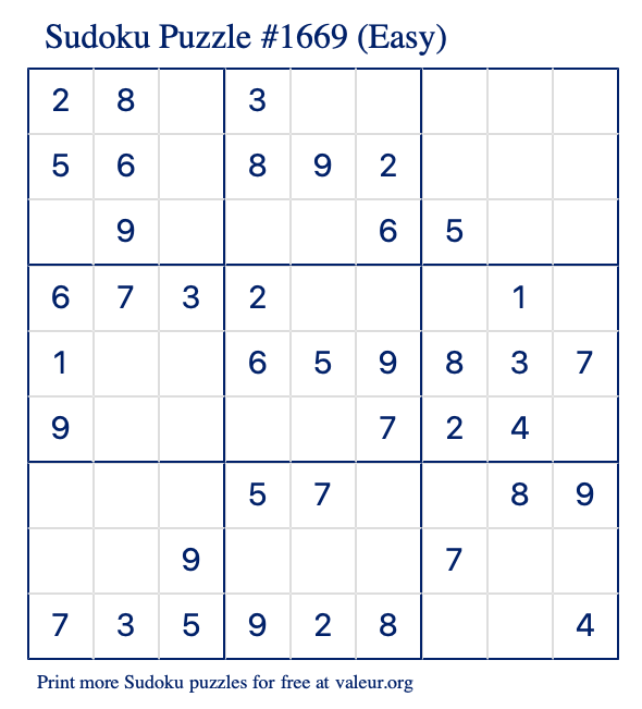 Free Printable Easy Sudoku Puzzle number 1669