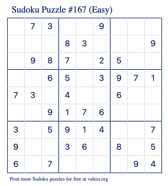 Free Printable Easy Sudoku Puzzle number 167