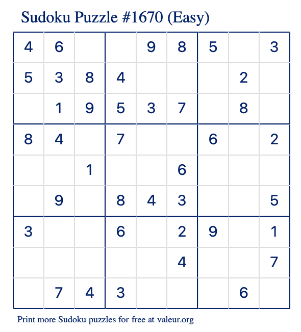 Free Printable Easy Sudoku Puzzle number 1670