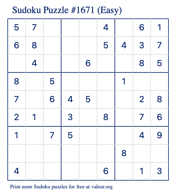 Free Printable Easy Sudoku Puzzle number 1671