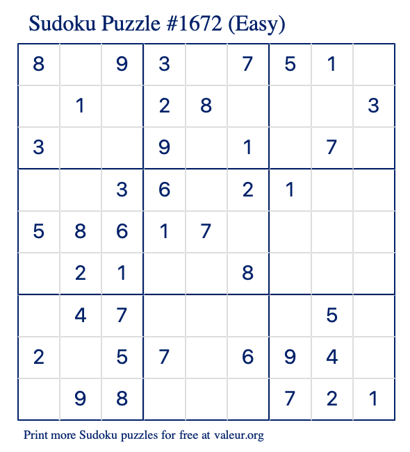 Free Printable Easy Sudoku Puzzle number 1672