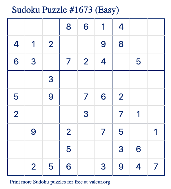 Free Printable Easy Sudoku Puzzle number 1673