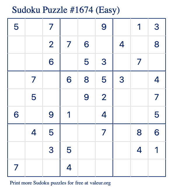 Free Printable Easy Sudoku Puzzle number 1674