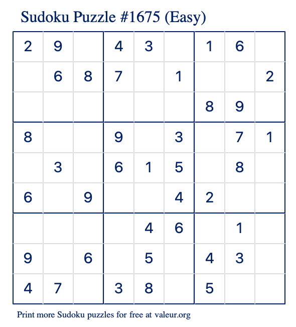 Free Printable Easy Sudoku Puzzle number 1675