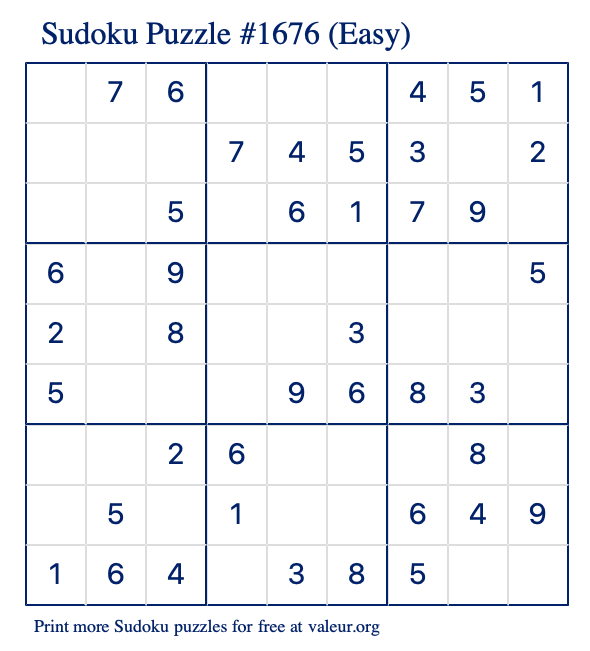 Free Printable Easy Sudoku Puzzle number 1676