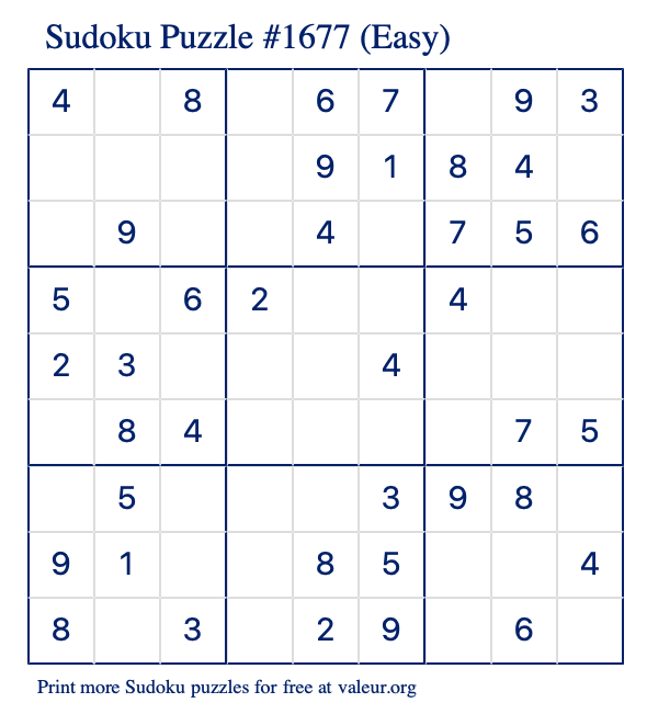 Free Printable Easy Sudoku Puzzle number 1677