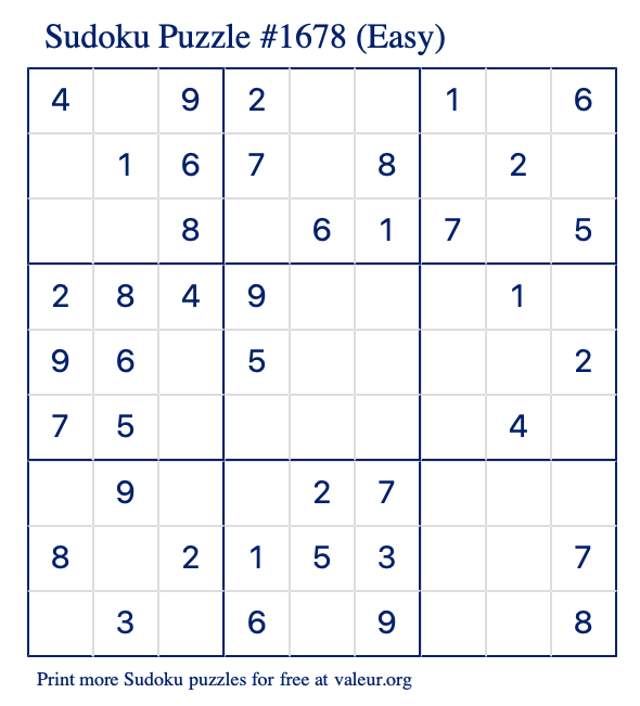 Free Printable Easy Sudoku Puzzle number 1678