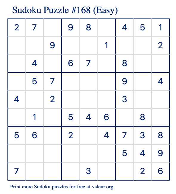 Free Printable Easy Sudoku Puzzle number 168