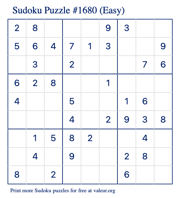 Free Printable Easy Sudoku Puzzle number 1680