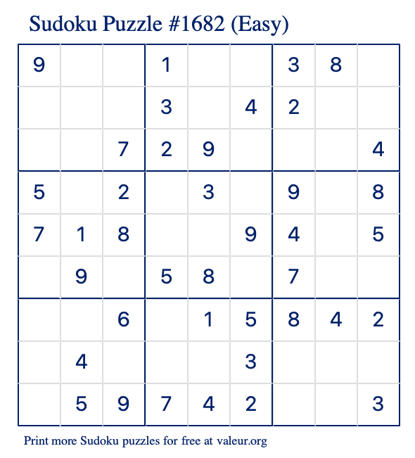 Free Printable Easy Sudoku Puzzle number 1682