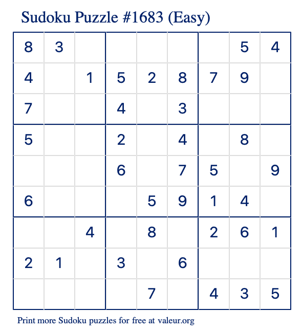 Free Printable Easy Sudoku Puzzle number 1683