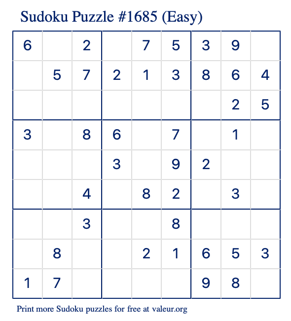 Free Printable Easy Sudoku Puzzle number 1685