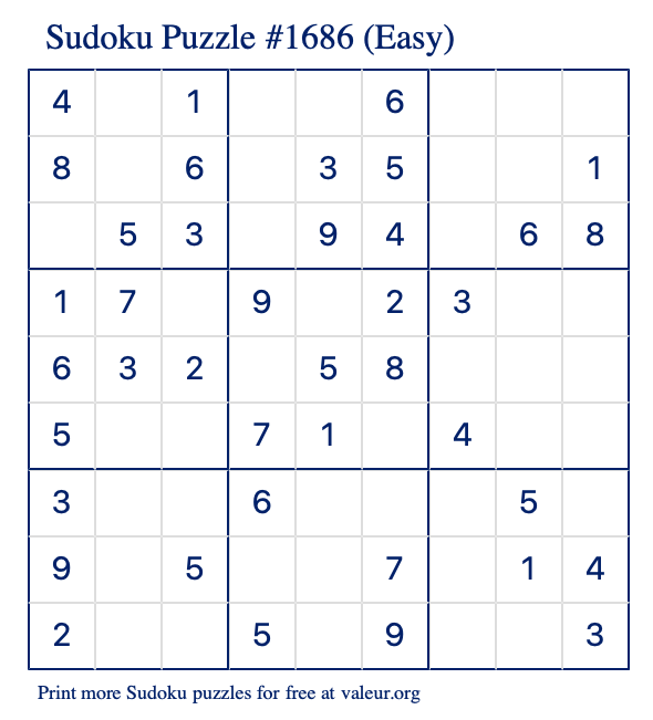 Free Printable Easy Sudoku Puzzle number 1686