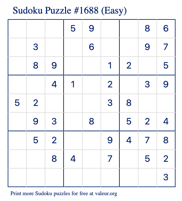 Free Printable Easy Sudoku Puzzle number 1688