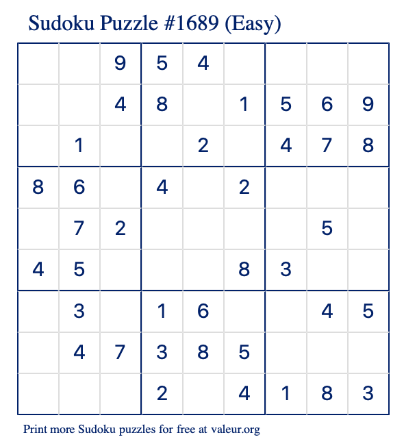 Free Printable Easy Sudoku Puzzle number 1689