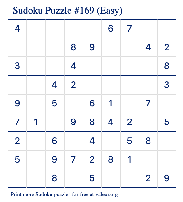 Free Printable Easy Sudoku Puzzle number 169