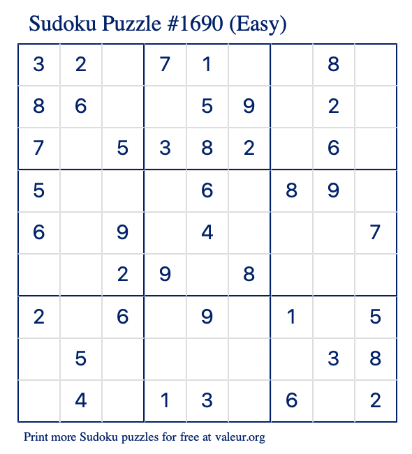 Free Printable Easy Sudoku Puzzle number 1690