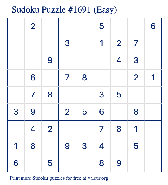 Free Printable Easy Sudoku Puzzle number 1691