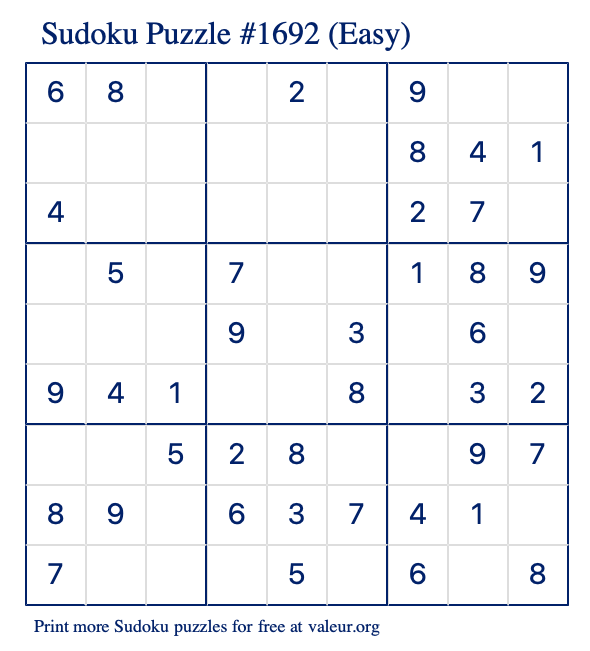 Free Printable Easy Sudoku Puzzle number 1692