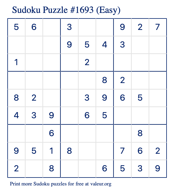 Free Printable Easy Sudoku Puzzle number 1693