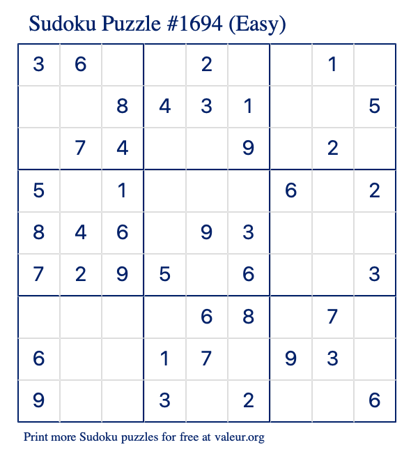Free Printable Easy Sudoku Puzzle number 1694