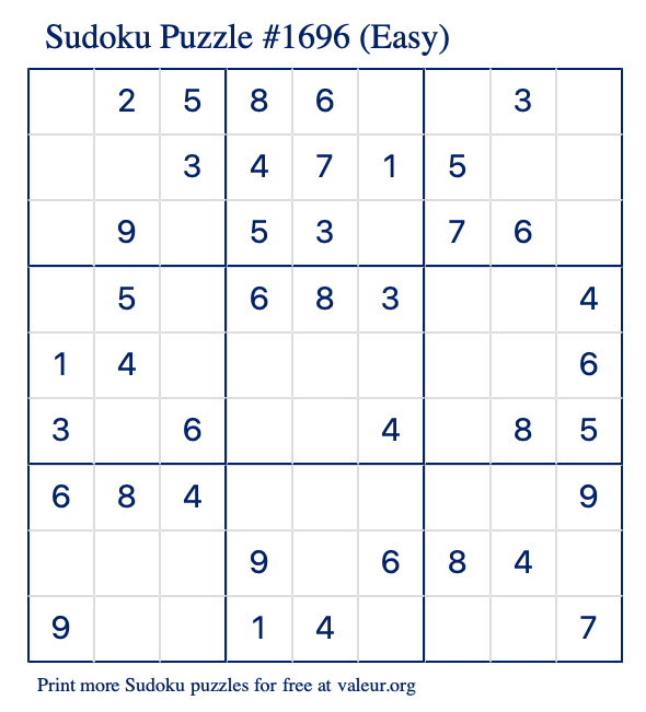 Free Printable Easy Sudoku Puzzle number 1696
