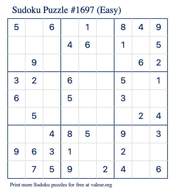 Free Printable Easy Sudoku Puzzle number 1697