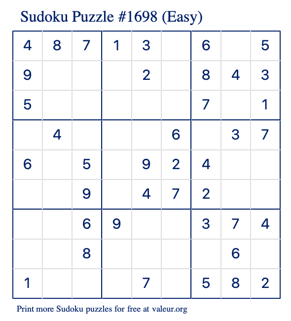 Free Printable Easy Sudoku Puzzle number 1698