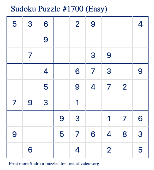 Free Printable Easy Sudoku Puzzle number 1700