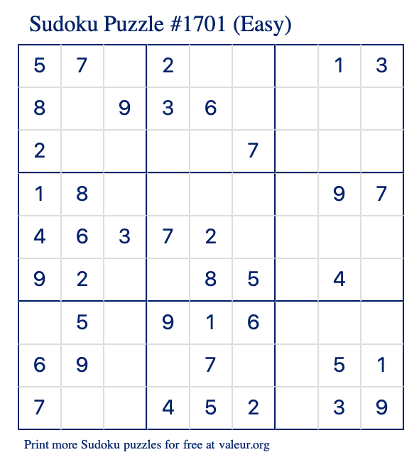 Free Printable Easy Sudoku Puzzle number 1701