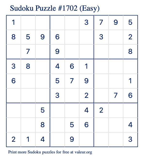 Free Printable Easy Sudoku Puzzle number 1702