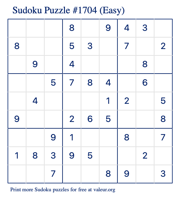Free Printable Easy Sudoku Puzzle number 1704