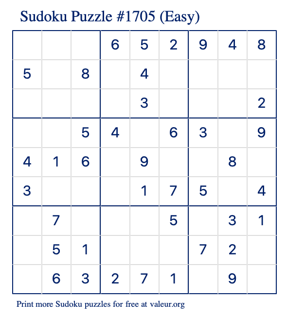 Free Printable Easy Sudoku Puzzle number 1705