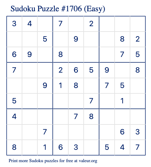 Free Printable Easy Sudoku Puzzle number 1706