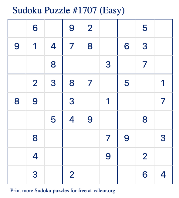 Free Printable Easy Sudoku Puzzle number 1707