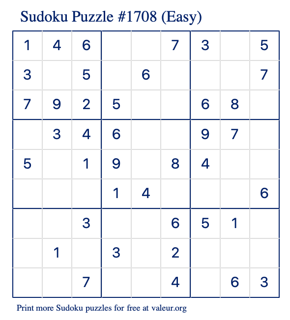 Free Printable Easy Sudoku Puzzle number 1708