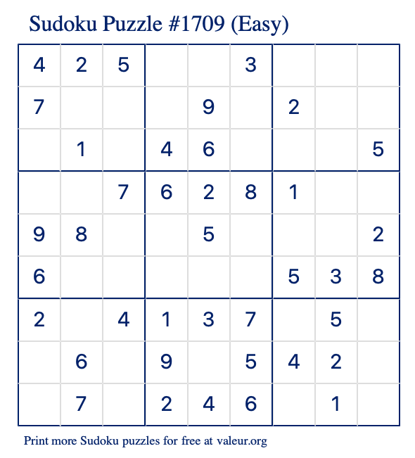 Free Printable Easy Sudoku Puzzle number 1709