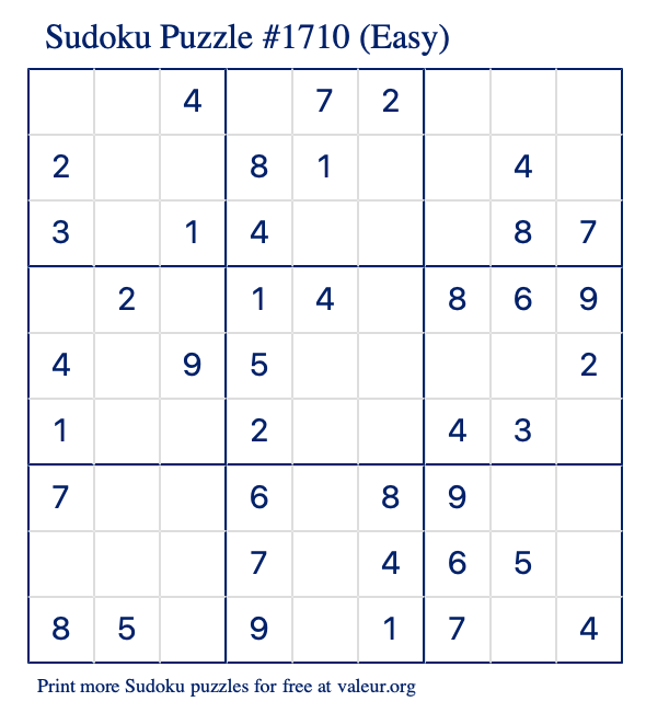 Free Printable Easy Sudoku Puzzle number 1710
