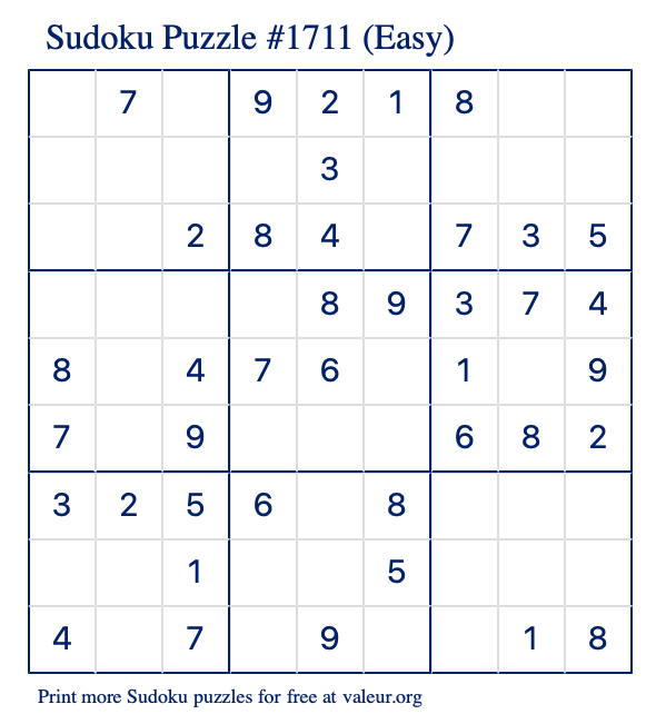 Free Printable Easy Sudoku Puzzle number 1711