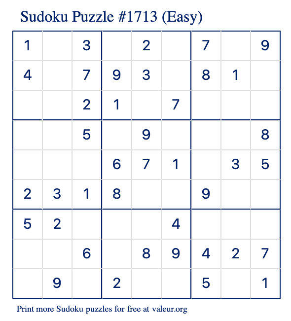 Free Printable Easy Sudoku Puzzle number 1713
