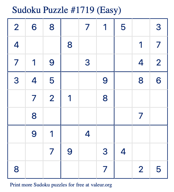 Free Printable Easy Sudoku Puzzle number 1719