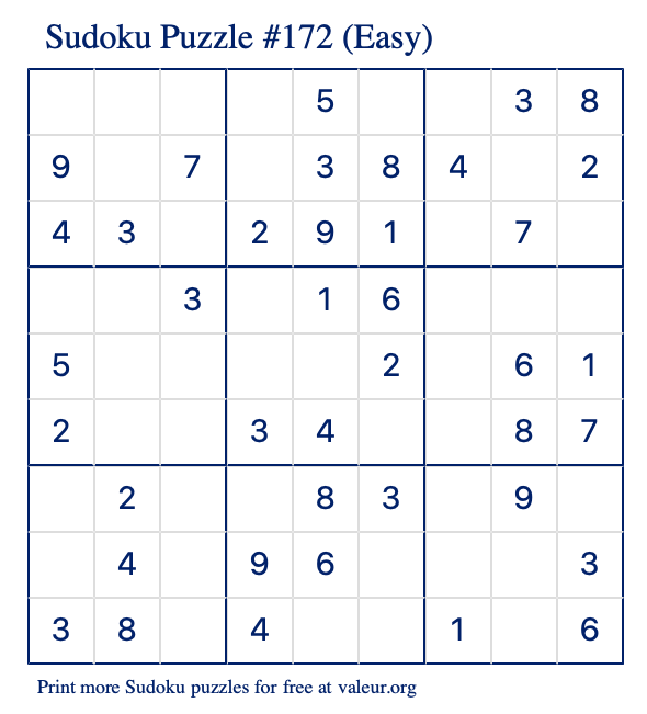 Free Printable Easy Sudoku Puzzle number 172