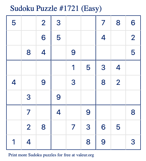 Free Printable Easy Sudoku Puzzle number 1721